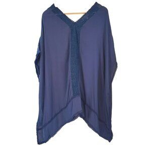 Weekend Suzanne Betro Women's Blue Plus Size Blouse 1X V Neck Lace Accent